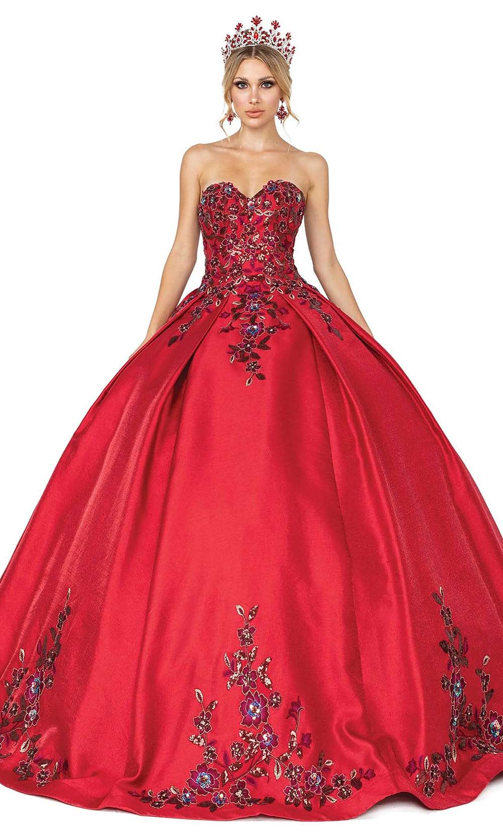 Dancing Queen - 1578 Strapless Floral Detailed Gown Quinceanera Dresses XS / Burgundy