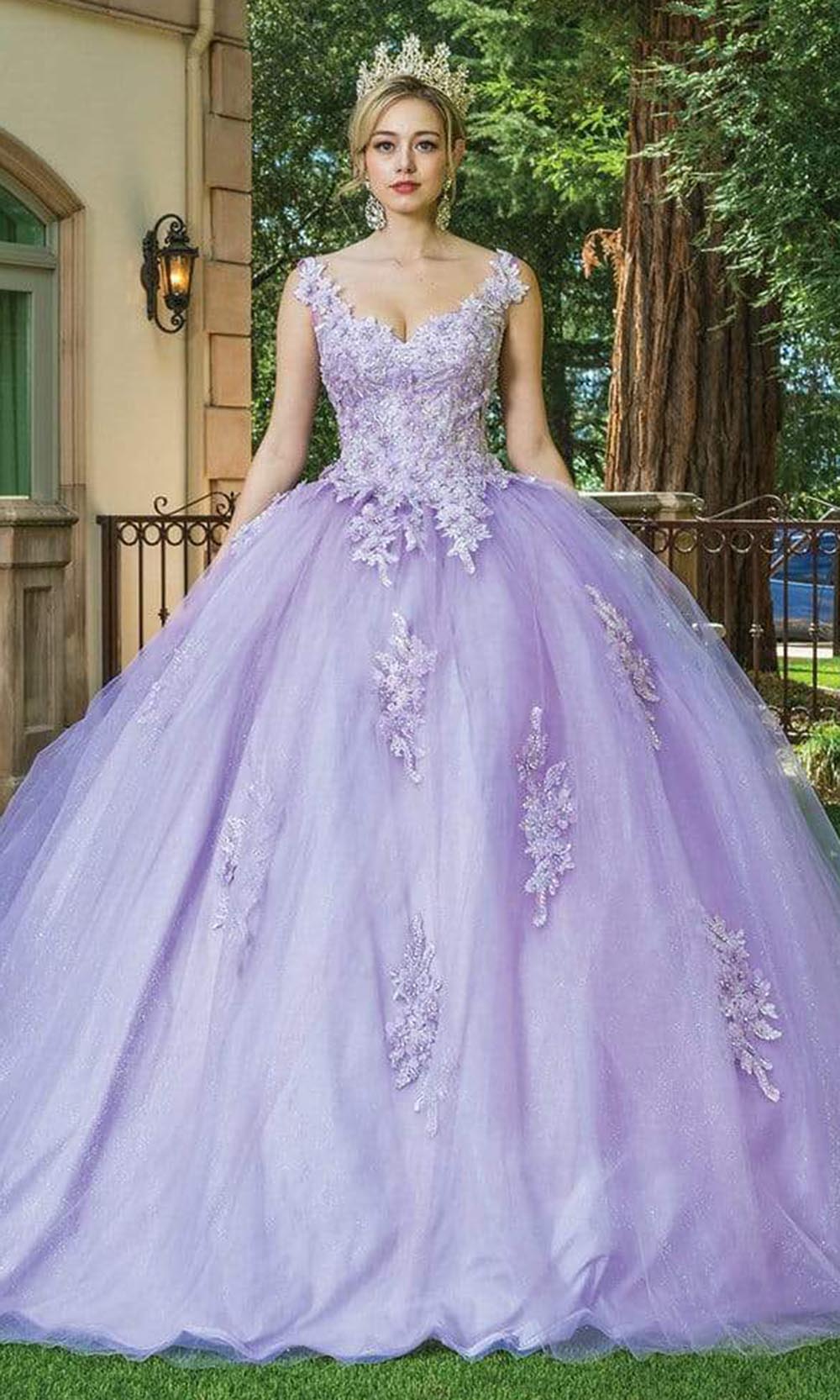 Dancing Queen - 1597 Beaded Floral Lace Applique Tulle Ballgown Quinceanera Dresses