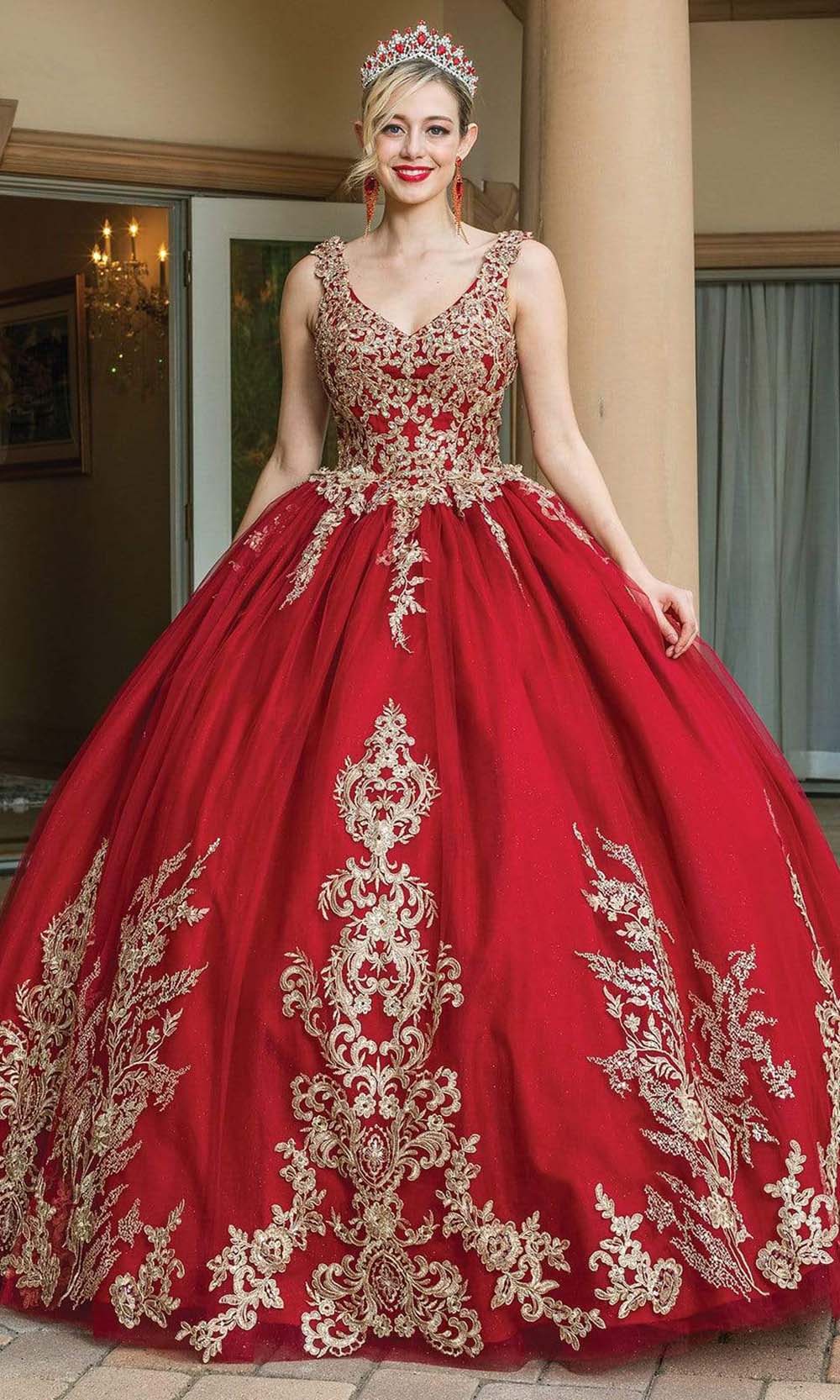 Dancing Queen - 1612 Jeweled Metallic Lace Gown Special Occasion Dress XS / Burgundy