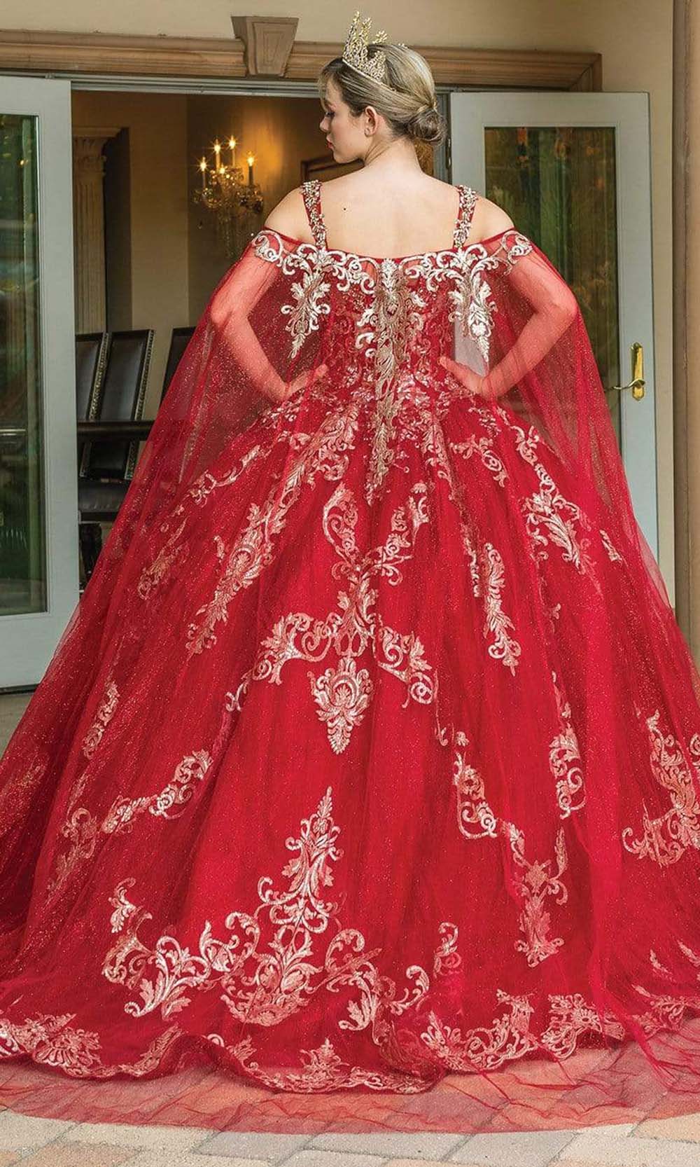 Dancing Queen - 1651 Cold Shoulder Detachable Cape Gown Quinceanera Dresses