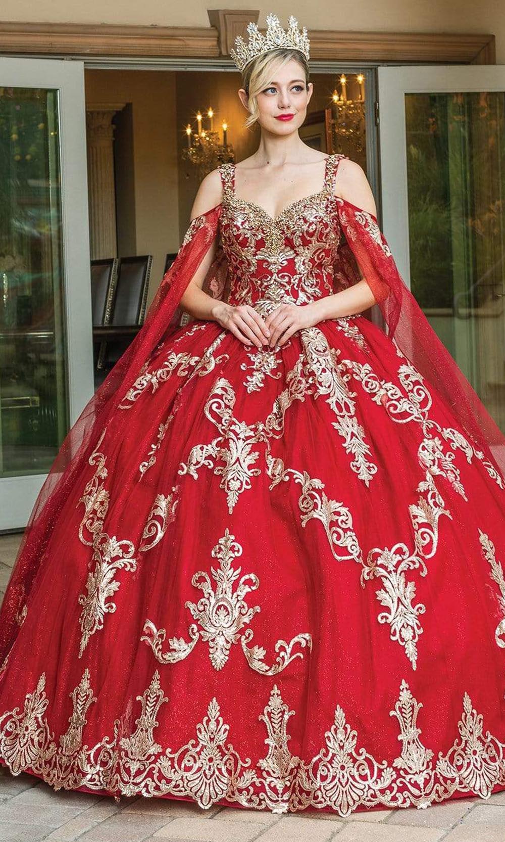 Dancing Queen - 1651 Cold Shoulder Detachable Cape Gown Quinceanera Dresses XS / Burgundy