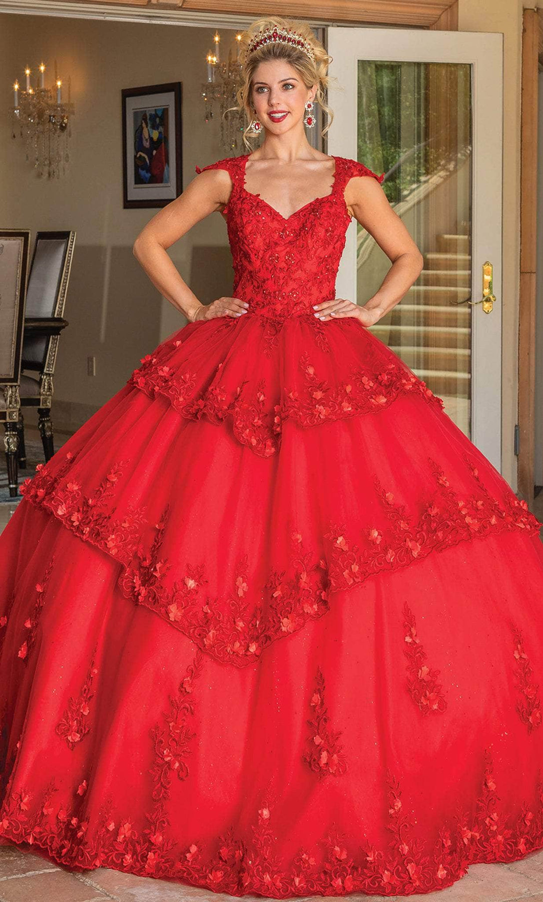 Dancing Queen 1735 - Cap Sleeve Ruffle Ballgown Ball Gowns XS / Red