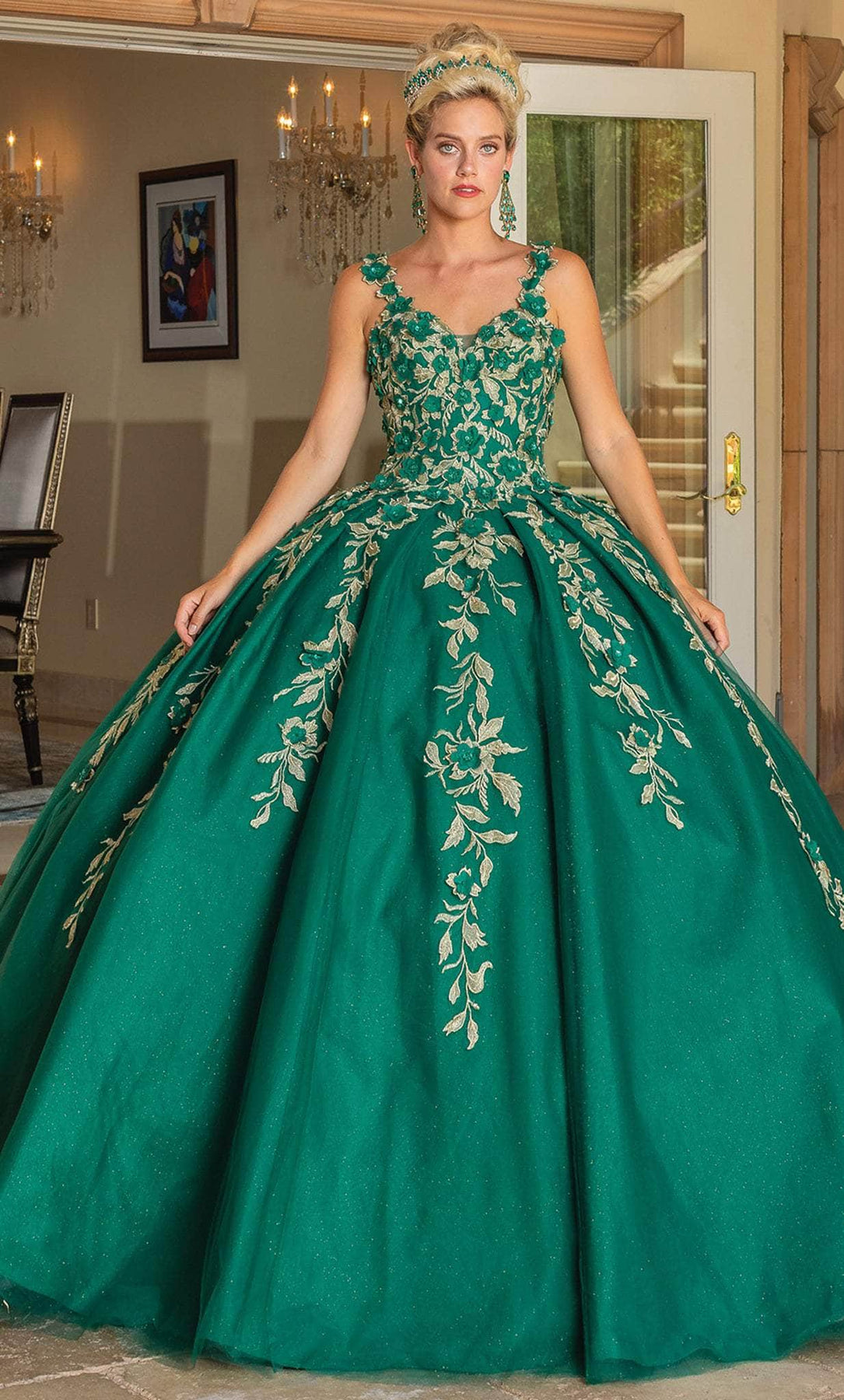Dancing Queen 1755 - Floral Sleeveless Ballgown Long Dresses XS / Hunter Green
