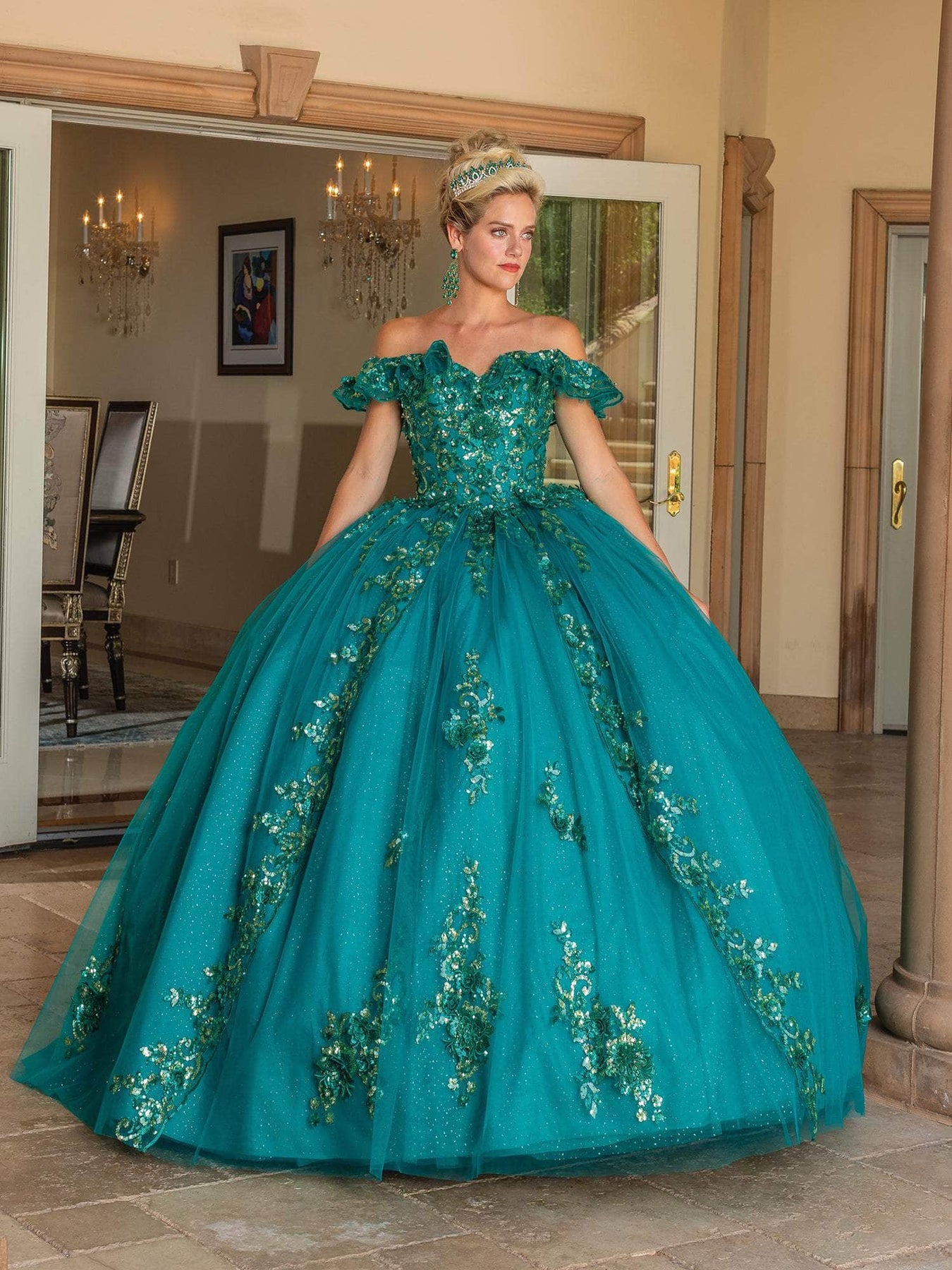 Dancing Queen 1766 - Ruffled Off-Shoulder Embellished Ballgown Special Occasion Dress
