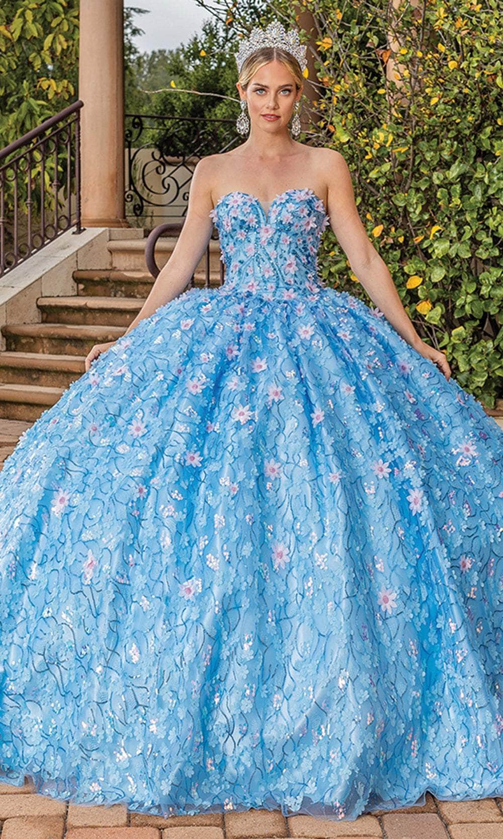 Dancing Queen Danq_1835 - Long Ballgown Dress - Strapless, 3D Floral Appliques, Beaded, Sequin, Detachable Sheer Bishop Sleeve, Lace-Up Back, Sweep Dancing Queen Danq_1835 - Long Ballgown Dress - Strapless, 3D Floral Appliques, Beaded, Sequin, Detachable Sheer Bishop Sleeve, Lace-Up Back, Sweep