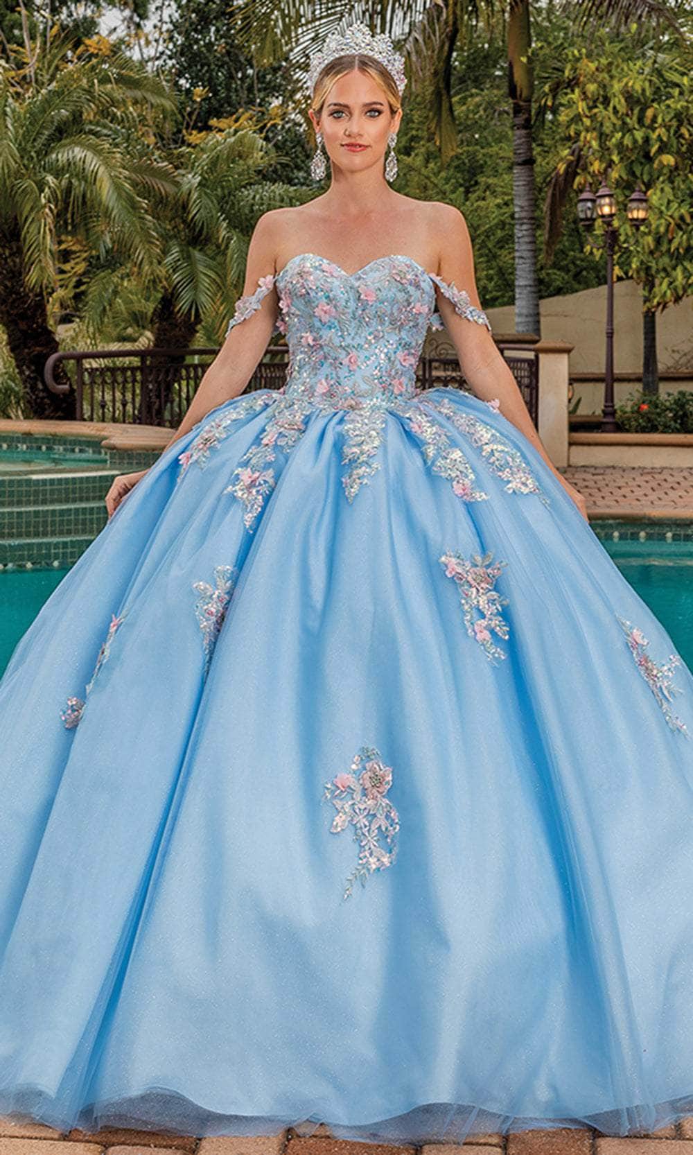 dancing queen dresses Dancing Queen 4474 - Long A-line Dress - Draped Off-Shoulder Sleeves, Spaghettis Straps, Beaded, Lace Applique, High Slit S / Champagne*