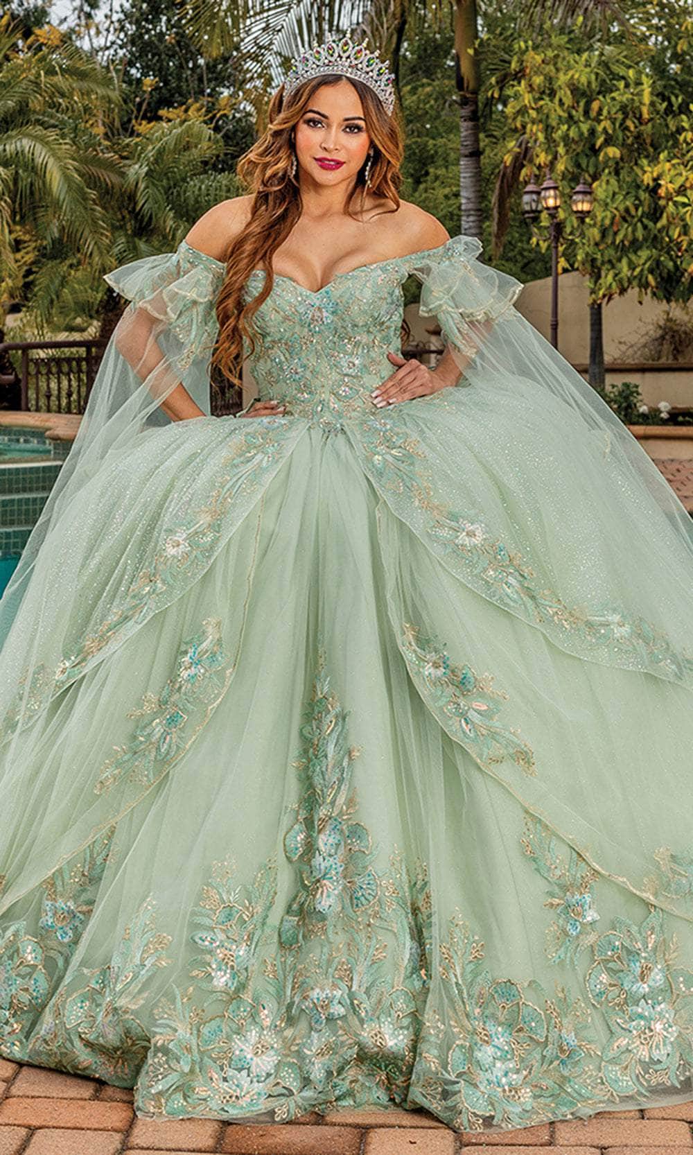 Dancing Queen 1838 - Long Ballgown Dress - Off Shoulder, 3D Floral Applique, Embroidery, Beaded, Butterfly Accents, Long Cape Sleeves M / Sage - Shop Dancing Queen 1838 - Long Ballgown Dress - Off Shoulder, 3D Floral Applique, Embroidery, Beaded, Butterfly Accents, Long Cape Sleeves M / Sage - Shop