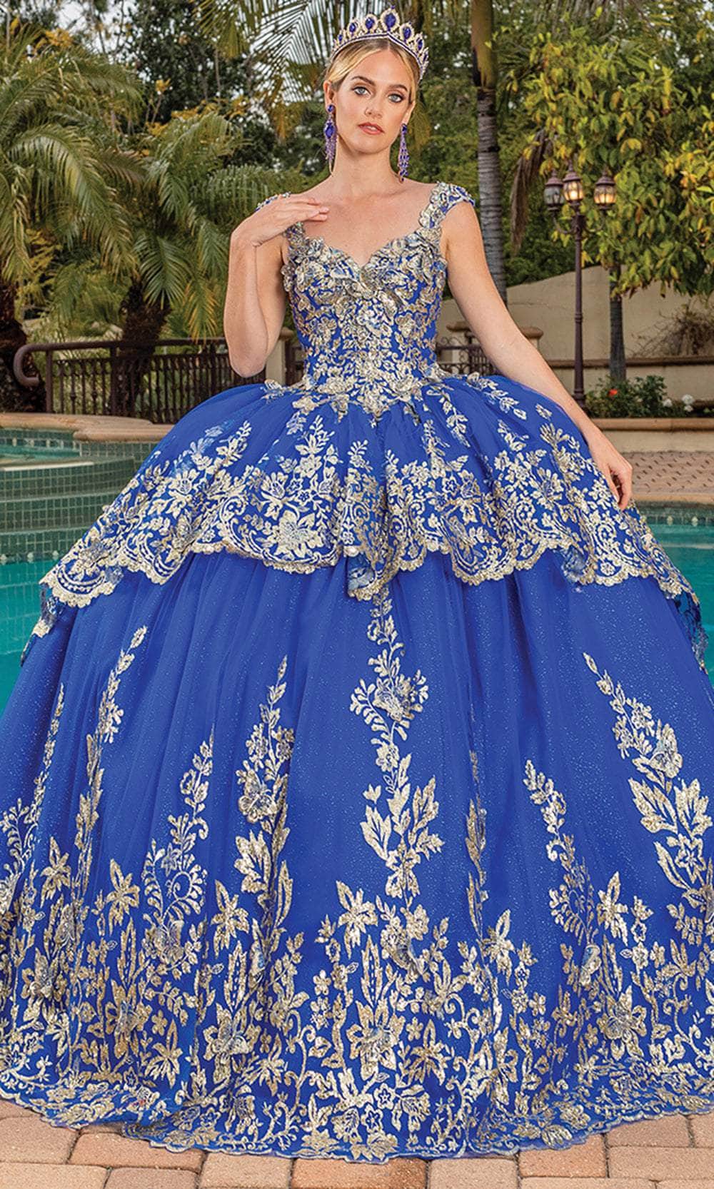 Dancing Queen 1881 Long Quinceanera Dress Royal Blue/Gold / Medium Dancing Queen 1881 Long Quinceanera Dress Royal Blue/Gold / Medium
