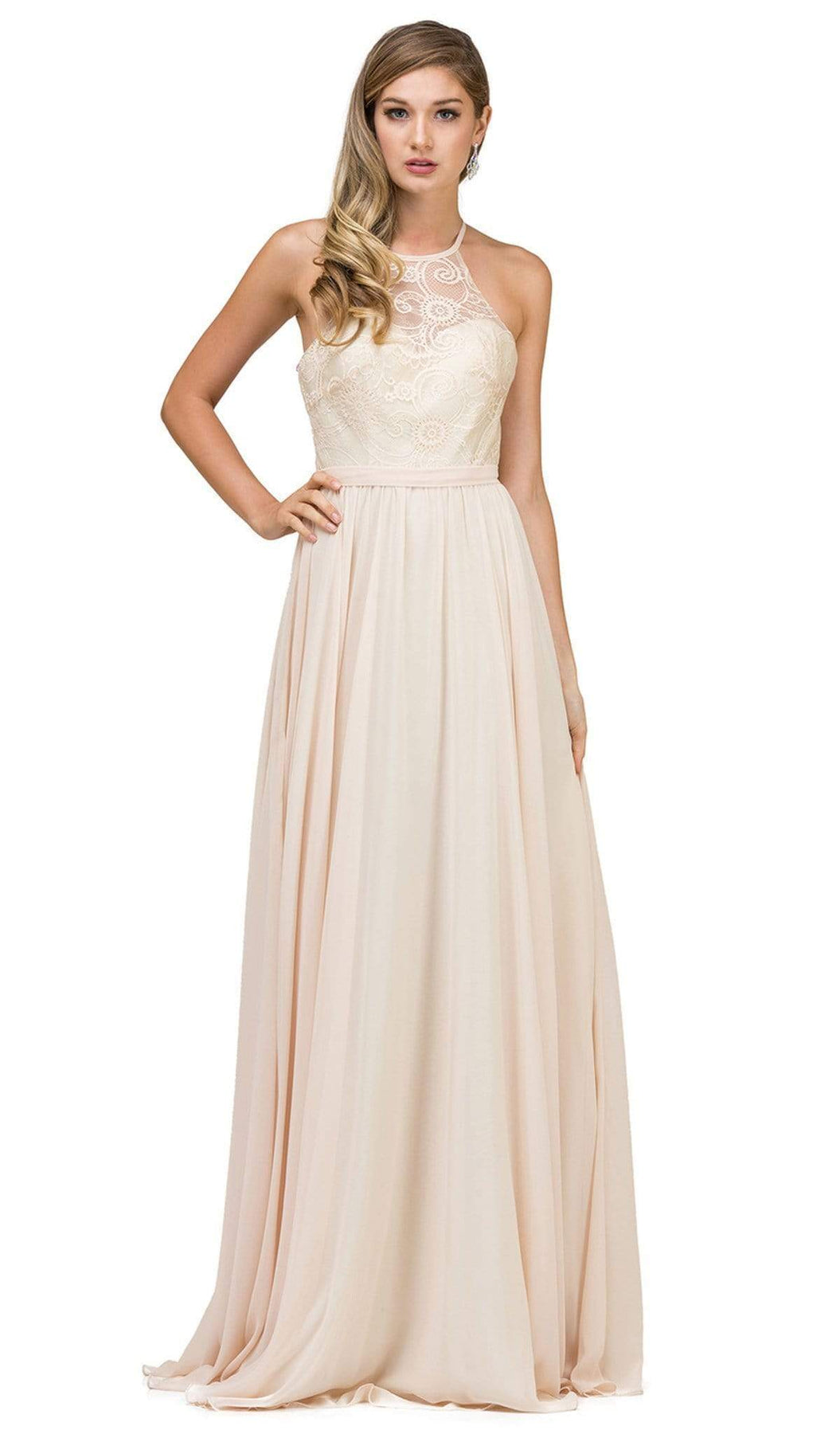 Dancing Queen - 2009 Sheer Halter Pleated A Line Evening Dress Prom Dresses XS / Champagne