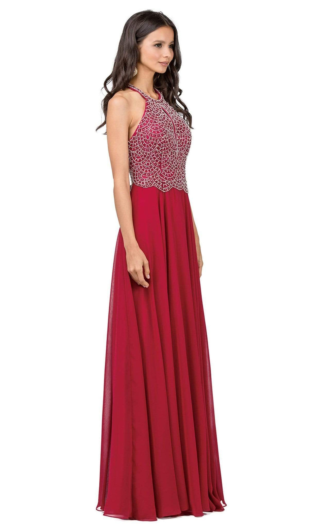 Dancing Queen - 2402 Bead Embellished Halter Evening Dress Evening Dresses XS / Burgundy