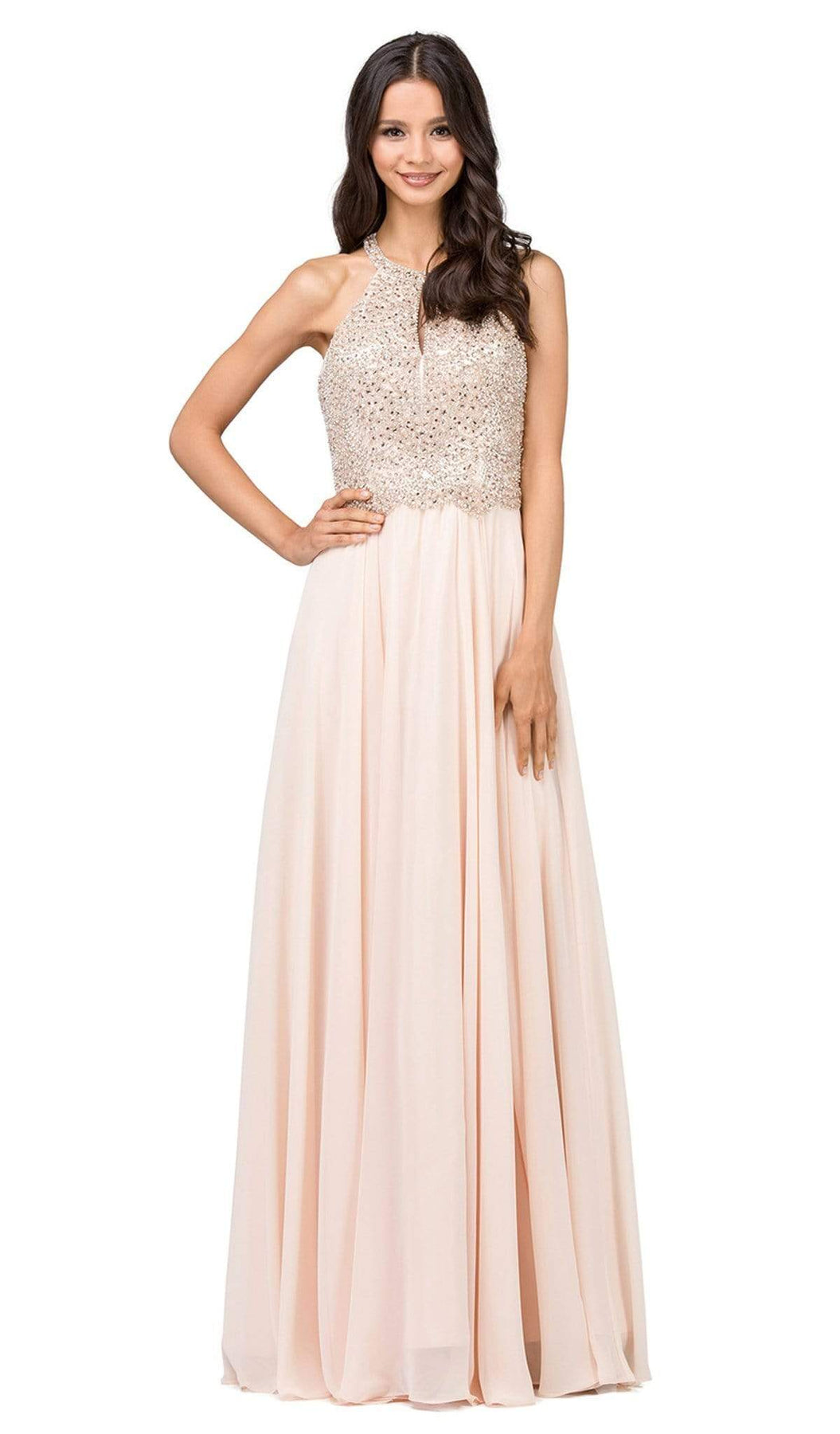 Dancing Queen - 2402 Bead Embellished Halter Evening Dress Evening Dresses XS / Champagne