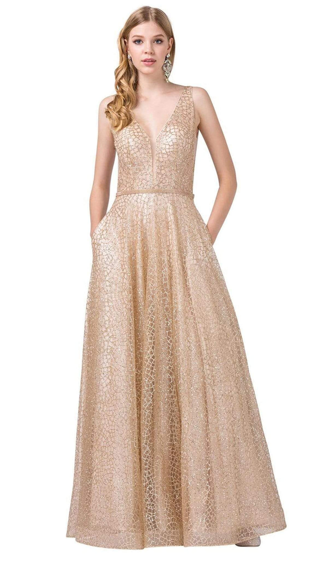 Dancing Queen - 2593 Illusion Plunging V Neck Glitter Mesh Prom Dress Prom Dresses XS / Gold