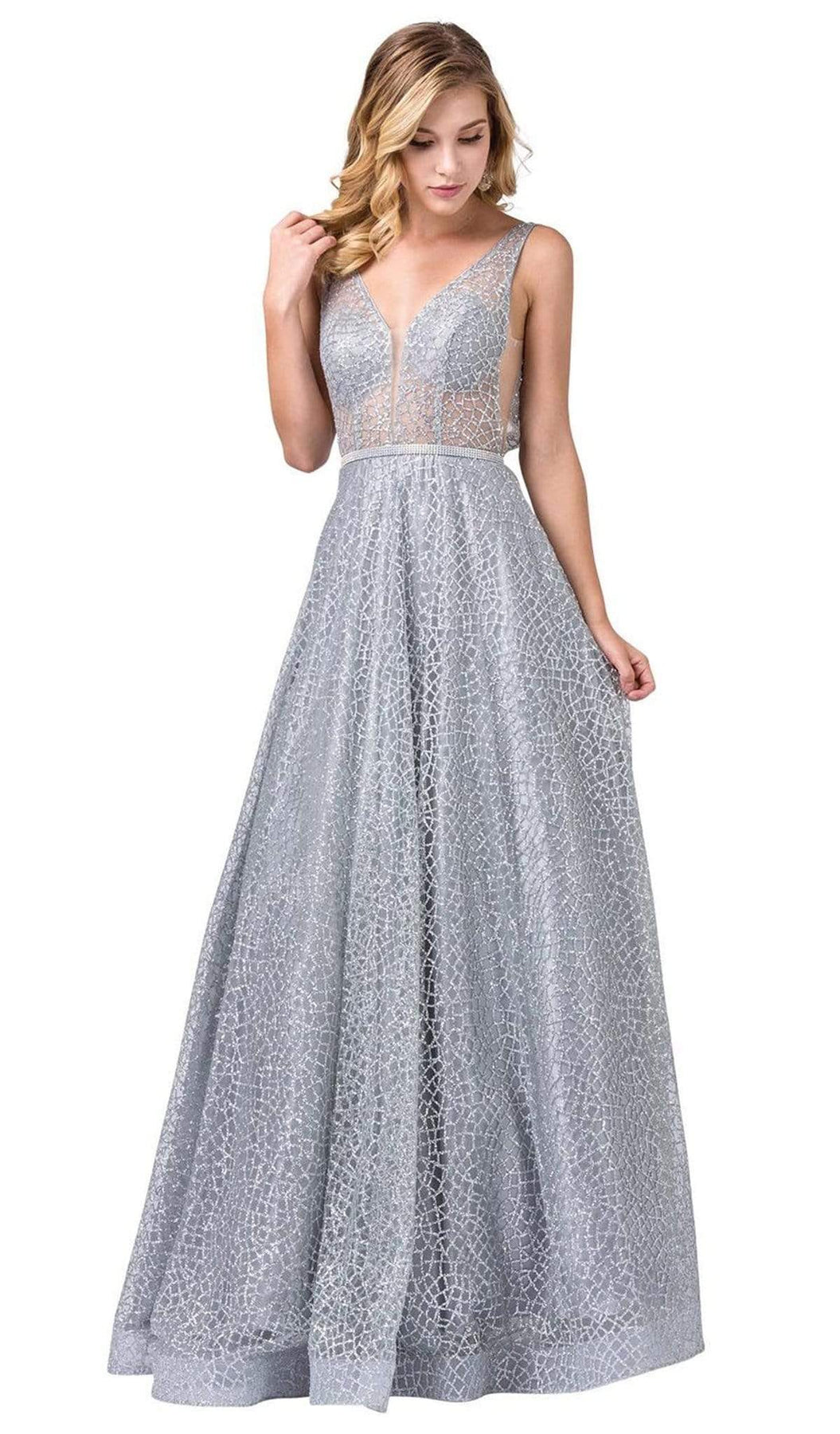 Dancing Queen - 2593 Illusion Plunging V Neck Glitter Mesh Prom Dress Prom Dresses XS / Silver