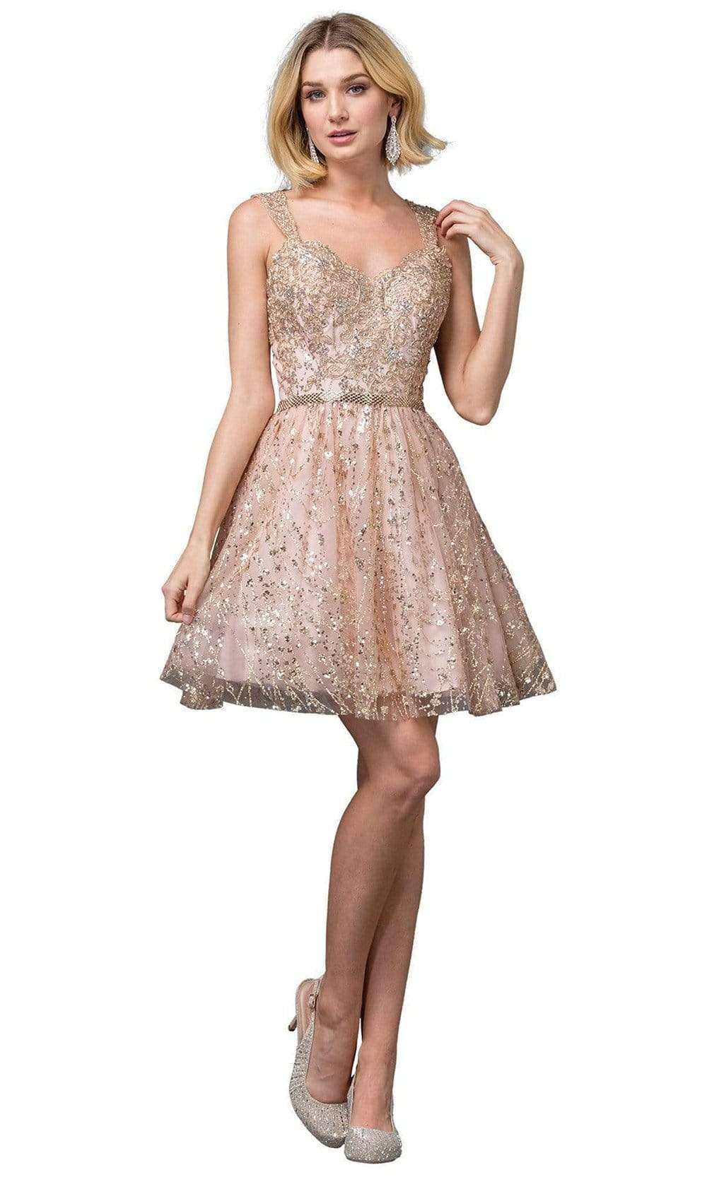 Dancing Queen Danq_3222 - Short A-Line Dress - Embroidery, Shoulder Straps, Fitted Bodice, A-Line Skirt, Lace Up Back L / Rose Gold Dancing Queen Danq_3222 - Short A-Line Dress - Embroidery, Shoulder Straps, Fitted Bodice, A-Line Skirt, Lace Up Back L / Rose Gold