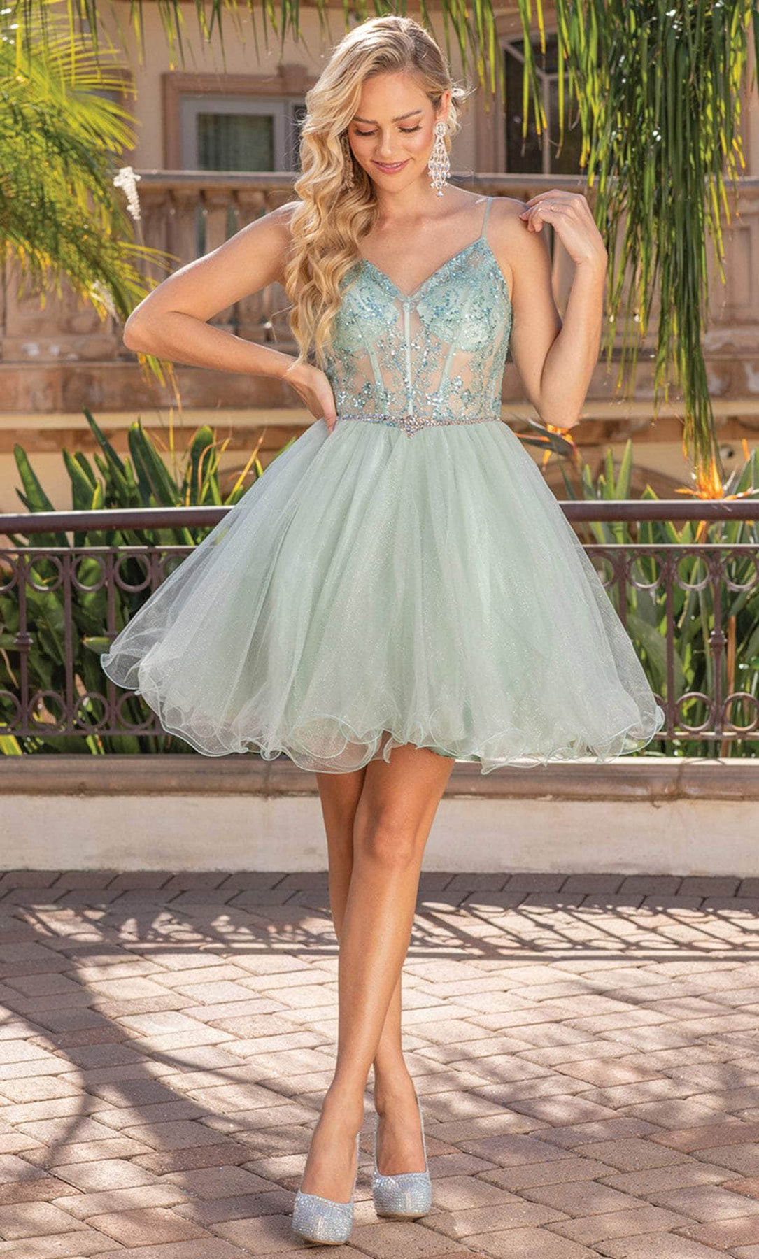 Dancing Queen 3337 - Beaded Curled A-Line Cocktail Dress Cocktail Dresses XS / Sage