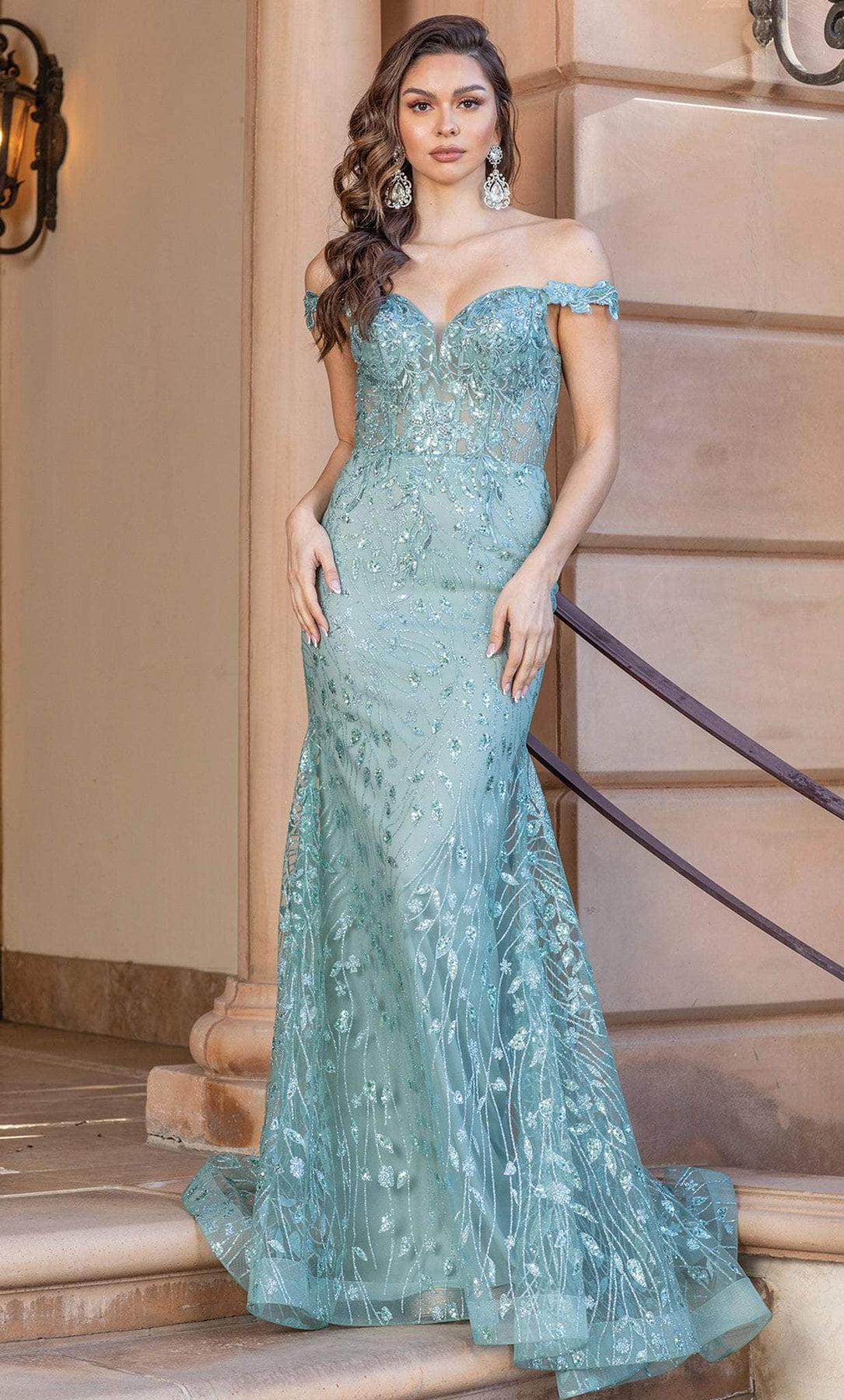 Dancing Queen 4343 - Leaf-Patterned Glittery Gown Long Dresses XS / Sage