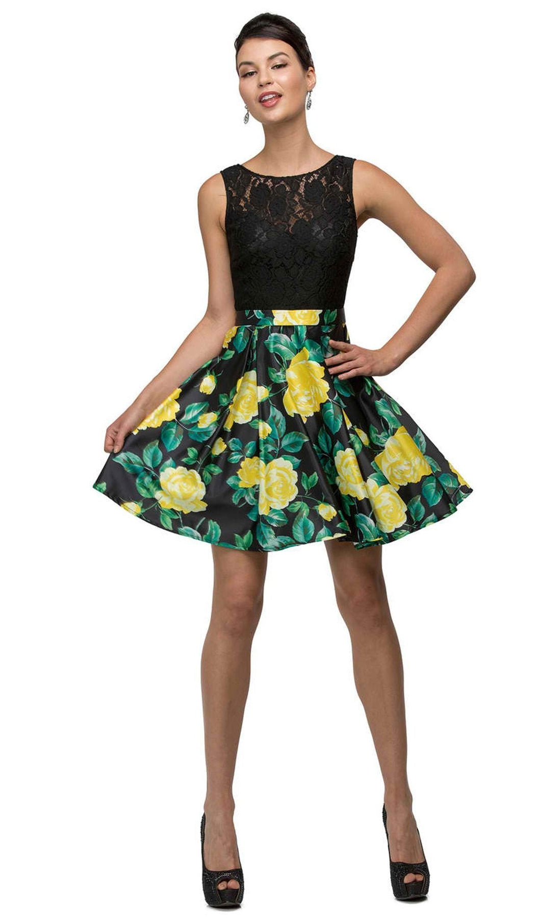 Dancing Queen - 9517 Floral Print Illusion A-Line Cocktail Dress Special Occasion Dress XS / Black/Yellow