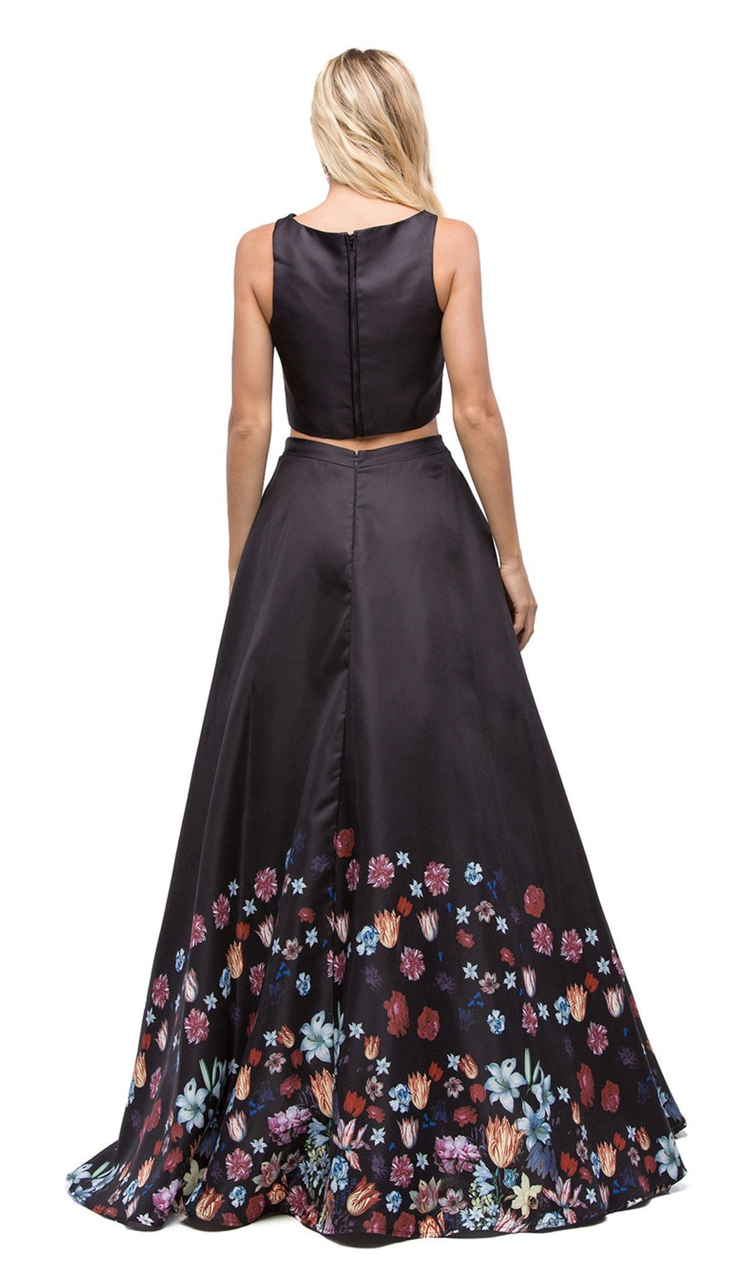 Dancing Queen - 9885 Two-Piece Bateau Floral A-line Prom Dress Special Occasion Dress XS / Black/Multi Print
