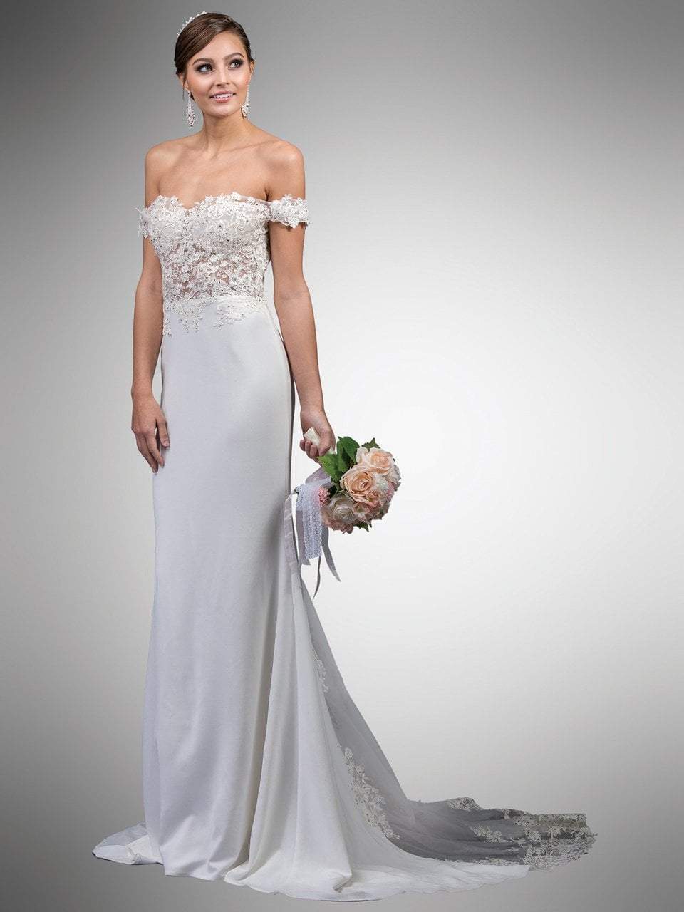 Dancing Queen Bridal - 0049 Embellished Lace Off-Shoulder Sheath Gown Bridal Dresses XS / Off White