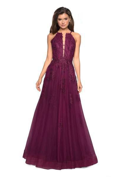 La Femme - 27143 Lace Embroidered Halter A-Line Gown In Purple