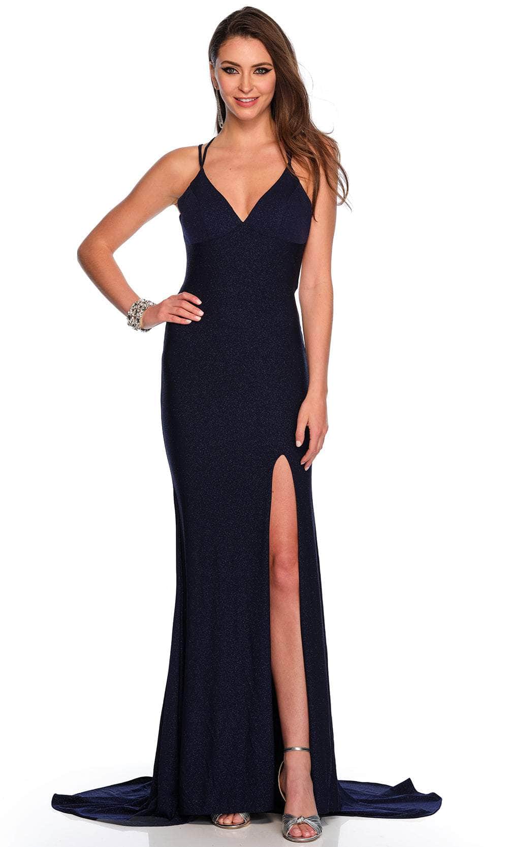 Dave & Johnny 11245 - V-Neck Shimmer Jersey Prom Gown Special Occasion Dress 00 /  Navy Blue