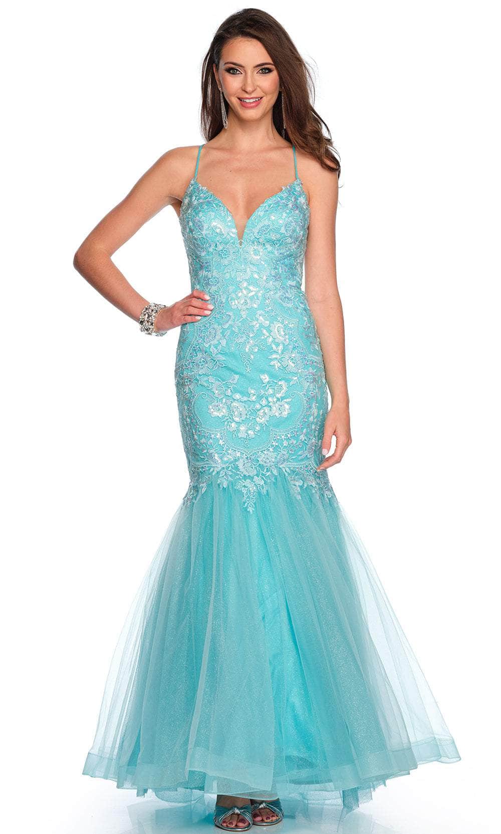 Dave & Johnny 11372 - Embroidered V-Neck Gown Special Occasion Dress 00 /  Aqua