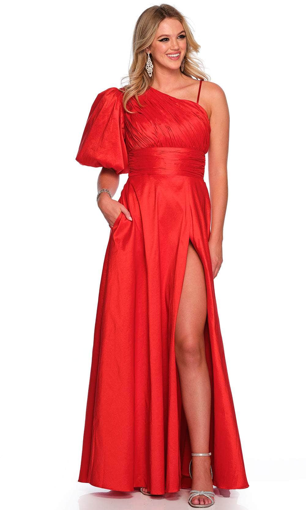 Dave & Johnny 11577 - Long Taffeta A-Line Dress - Puff Sleeve, Ruched Detail, Spaghetti Strap, Back Zipper Closure, Pockets, Slit ADASA Dave & Johnny 11577 - Long Taffeta A-Line Dress - Puff Sleeve, Ruched Detail, Spaghetti Strap, Back Zipper Closure, Pockets, Slit ADASA
