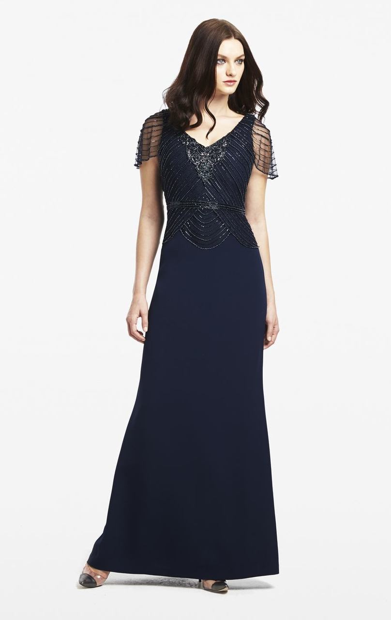 Daymor Couture - Beaded V Neck Short Sleeves A-Line Gown 151 - Blue