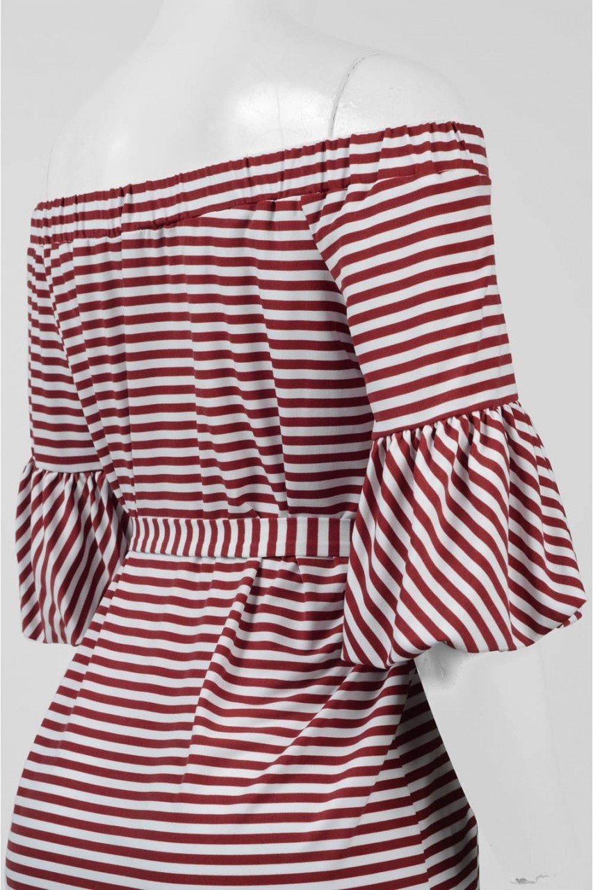 Donna Morgan - D5259M Striped Off Shoulder Bell Sleeve Dress in Red and White