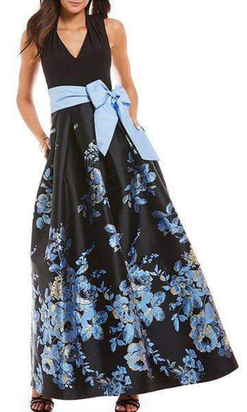 Eliza J Evening - Floral Bow Waistband A-Line Evening Dress EJ8M8380SC In Black and Blue