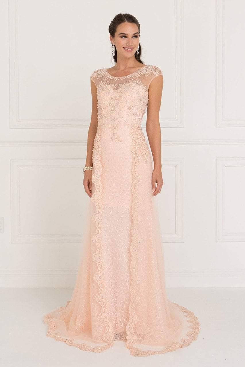 Elizabeth K Bridal - GL1539 Lace Embellished Illusion Jewel Sheath Dress Mother of the Bride Dresses XS / Blush