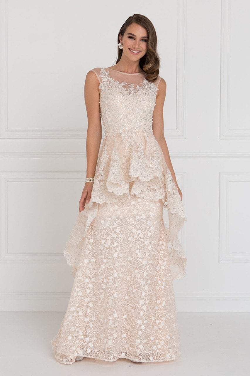 Elizabeth K Bridal - GL1584 Lace Illusion Bateau Gown with Tulle Overlay Wedding Dresses XS / Champagne