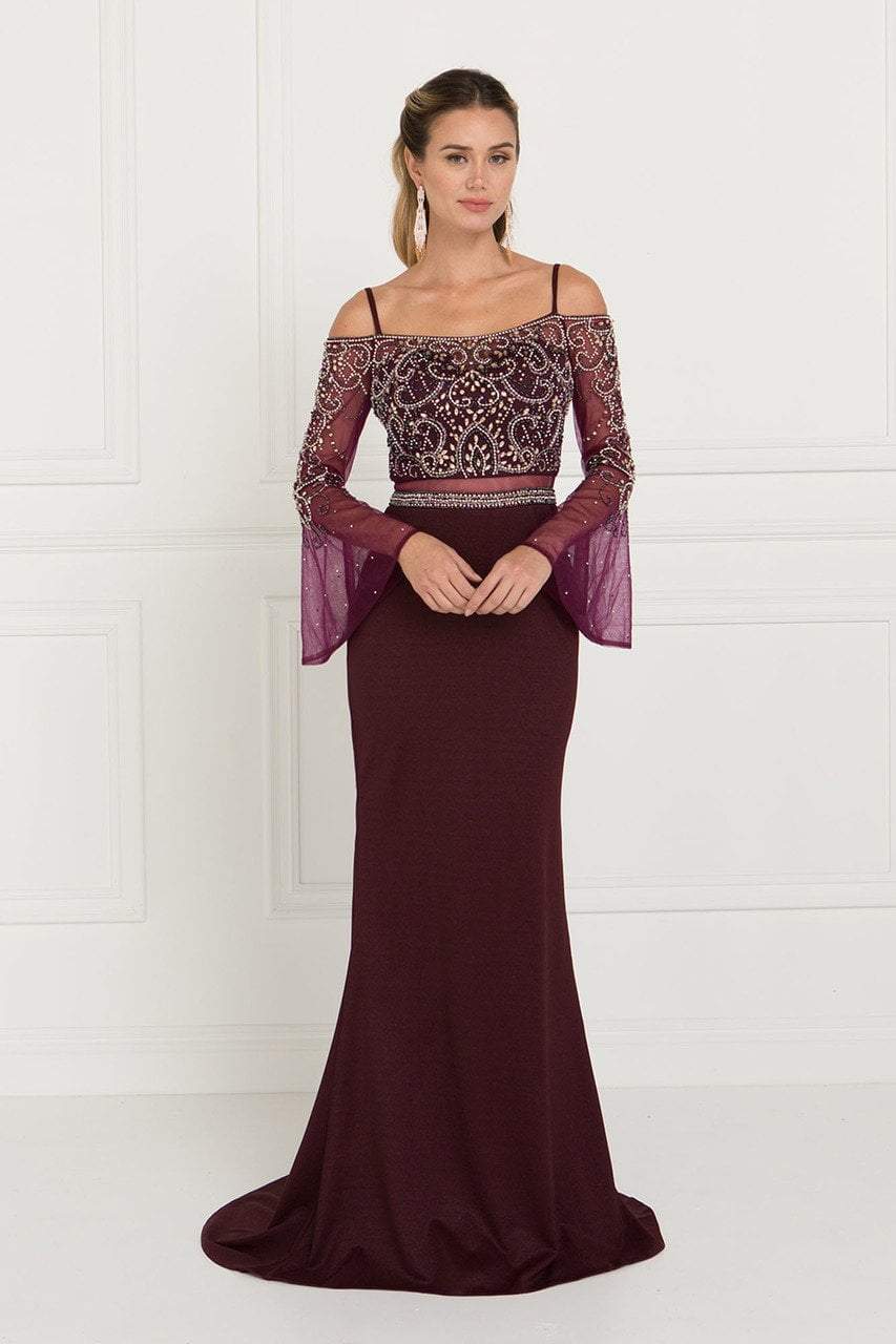 Elizabeth K Embellished Two Piece Sheer Dress with Bell Sleeves GL1500 - 1 pc Burgundy In Size S Available CCSALE S / Burgundy