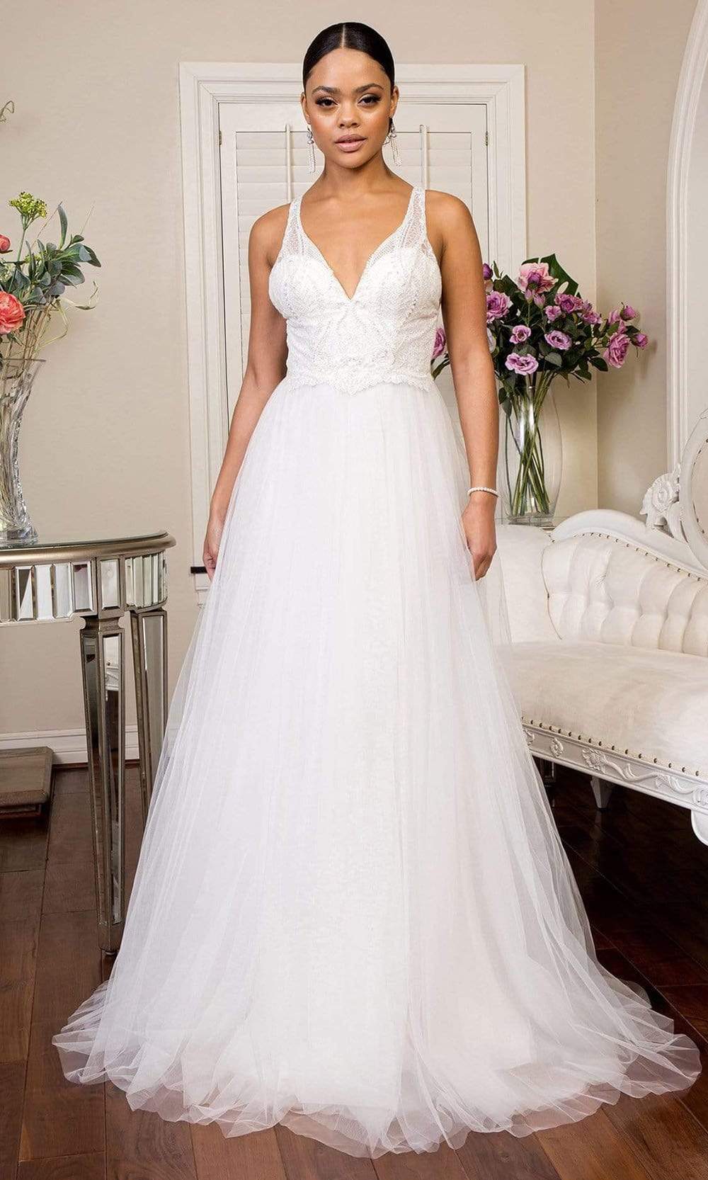 Elizabeth K - GL1901 Embellished Plunging V Neck A-line Gown Wedding Dresses XS / Ivory