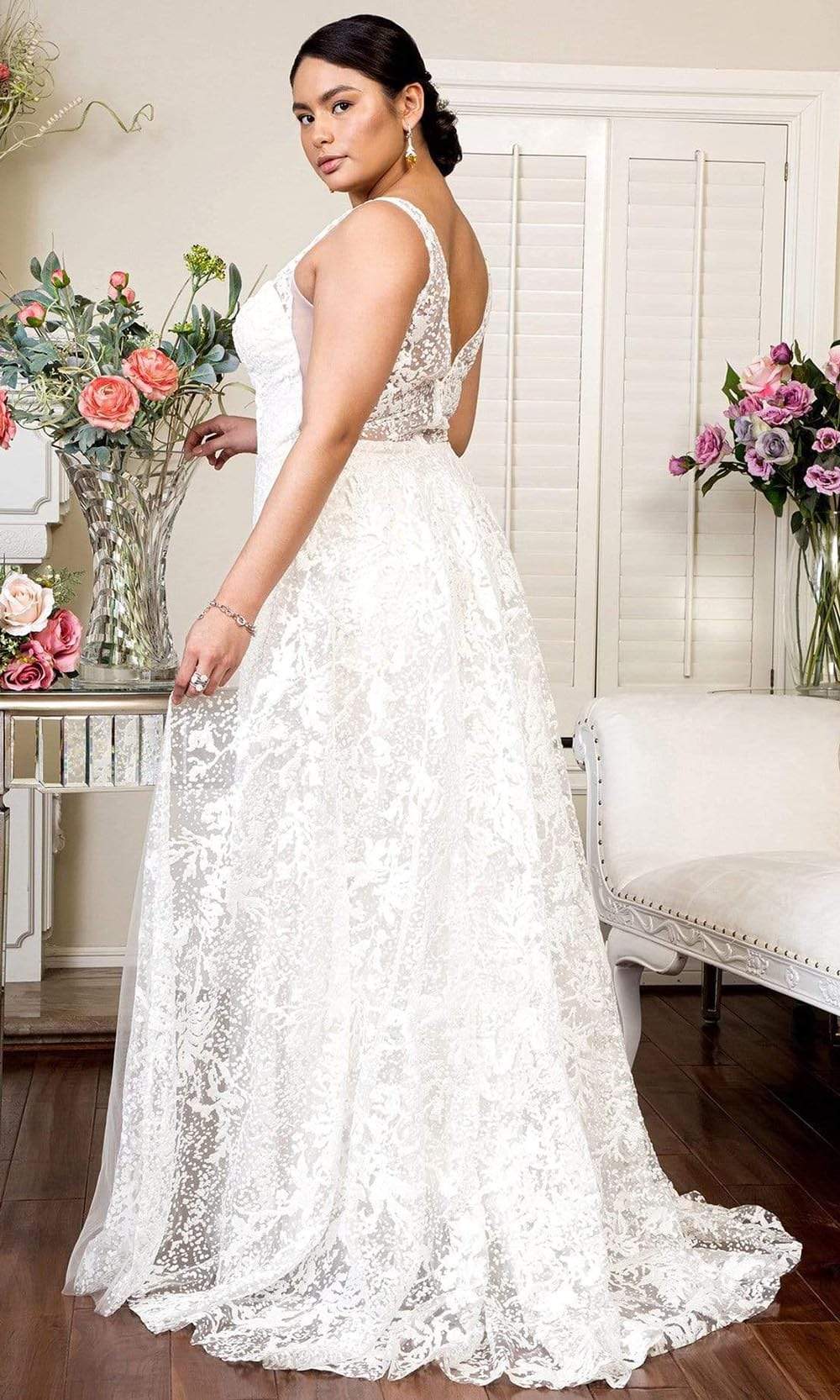 Elizabeth K - GL1903 Embroidered Deep V Neck Trumpet Gown Wedding Dresses