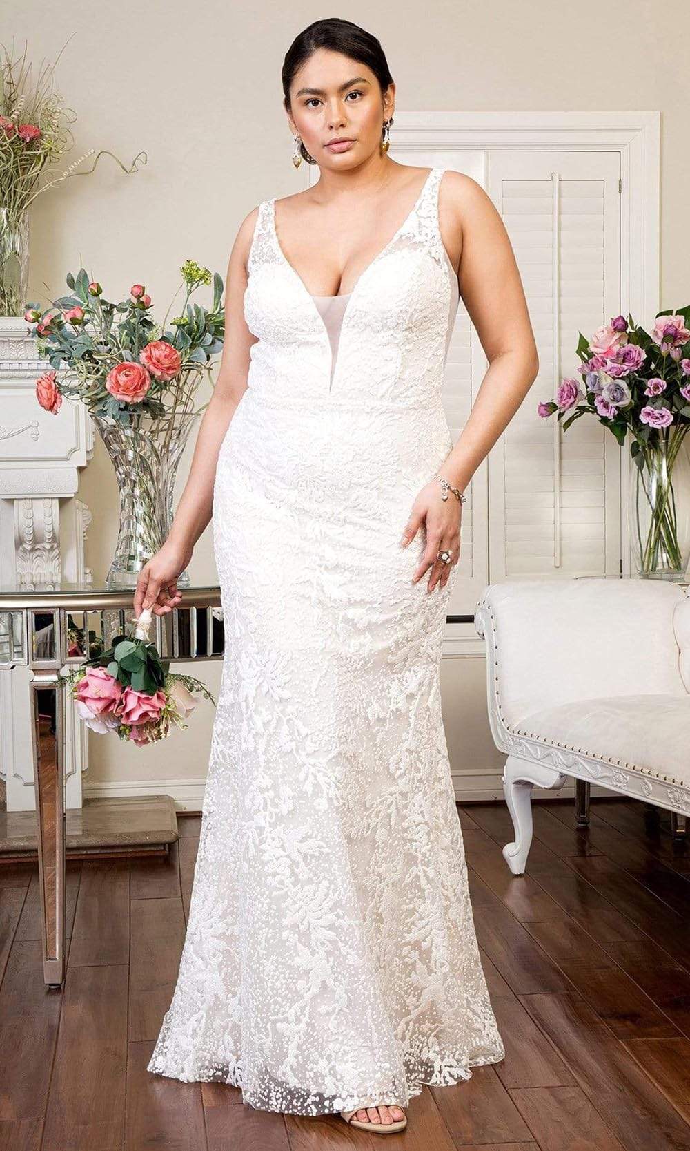 Elizabeth K - GL1903 Embroidered Deep V Neck Trumpet Gown Wedding Dresses