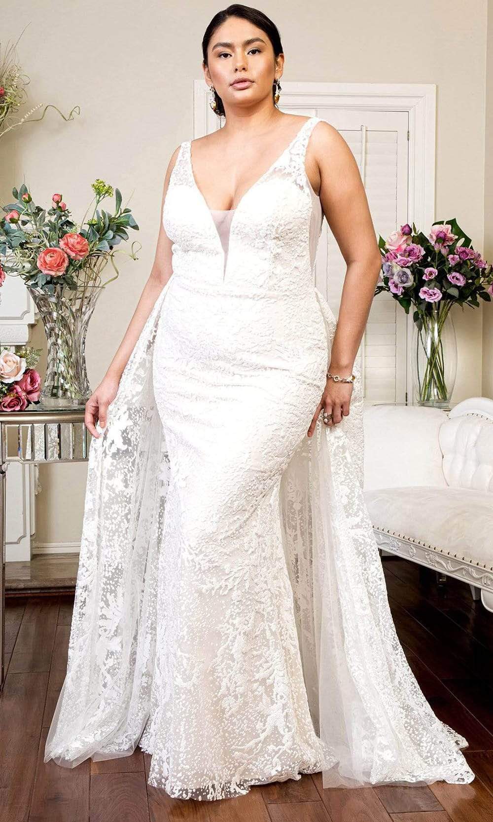 Elizabeth K - GL1903 Embroidered Deep V Neck Trumpet Gown Wedding Dresses XS / Ivory