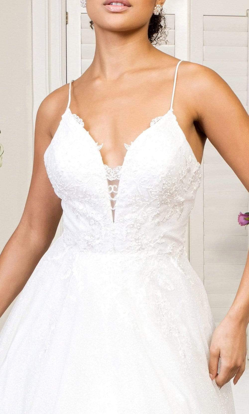 Elizabeth K - GL1904 Deep V Neck Glitter Mesh A-line Gown Wedding Dresses