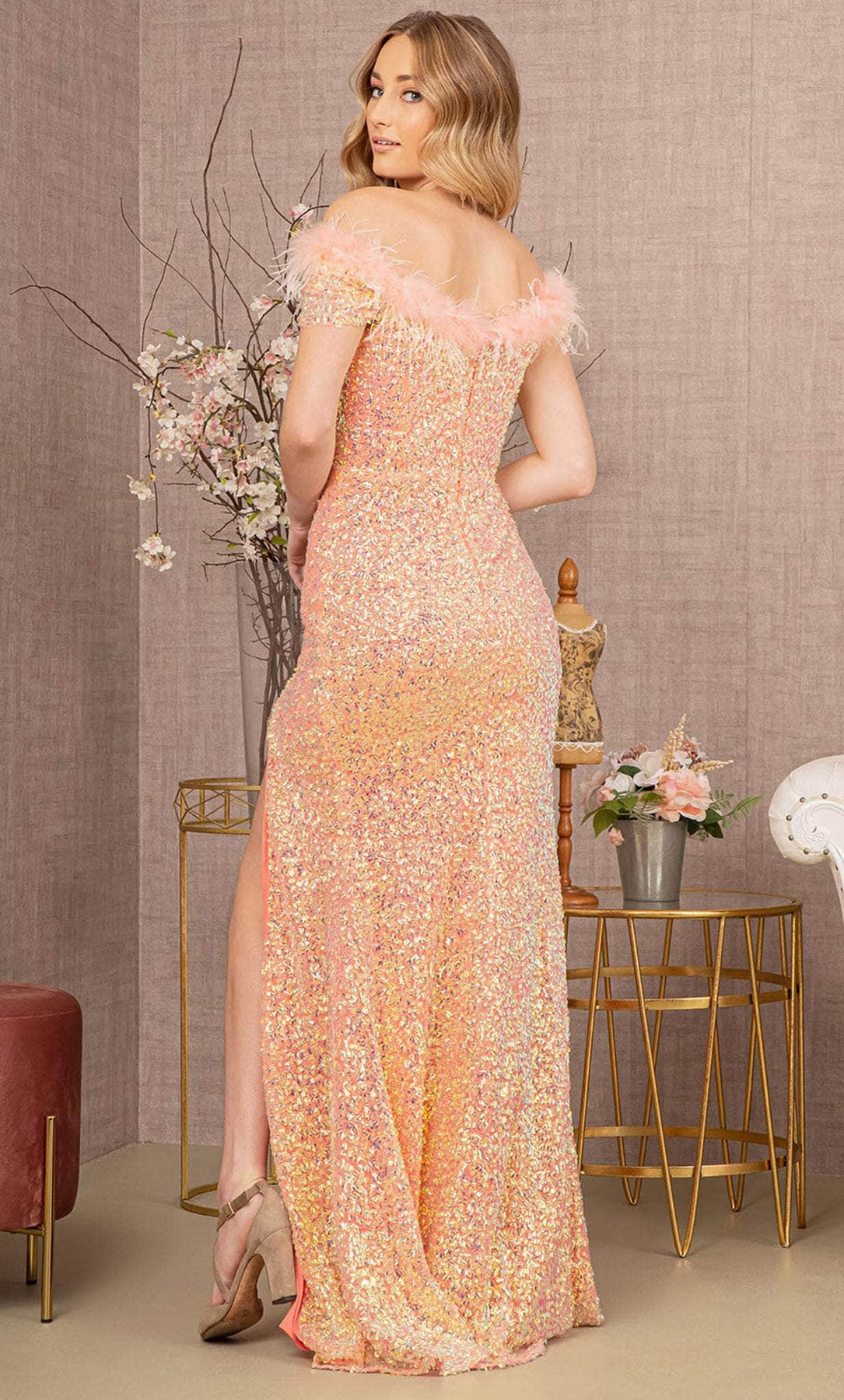 Elizabeth K GL3164 - Off-Shoulder Feather Detailed Neckline Prom Dress Special Occasion Dress