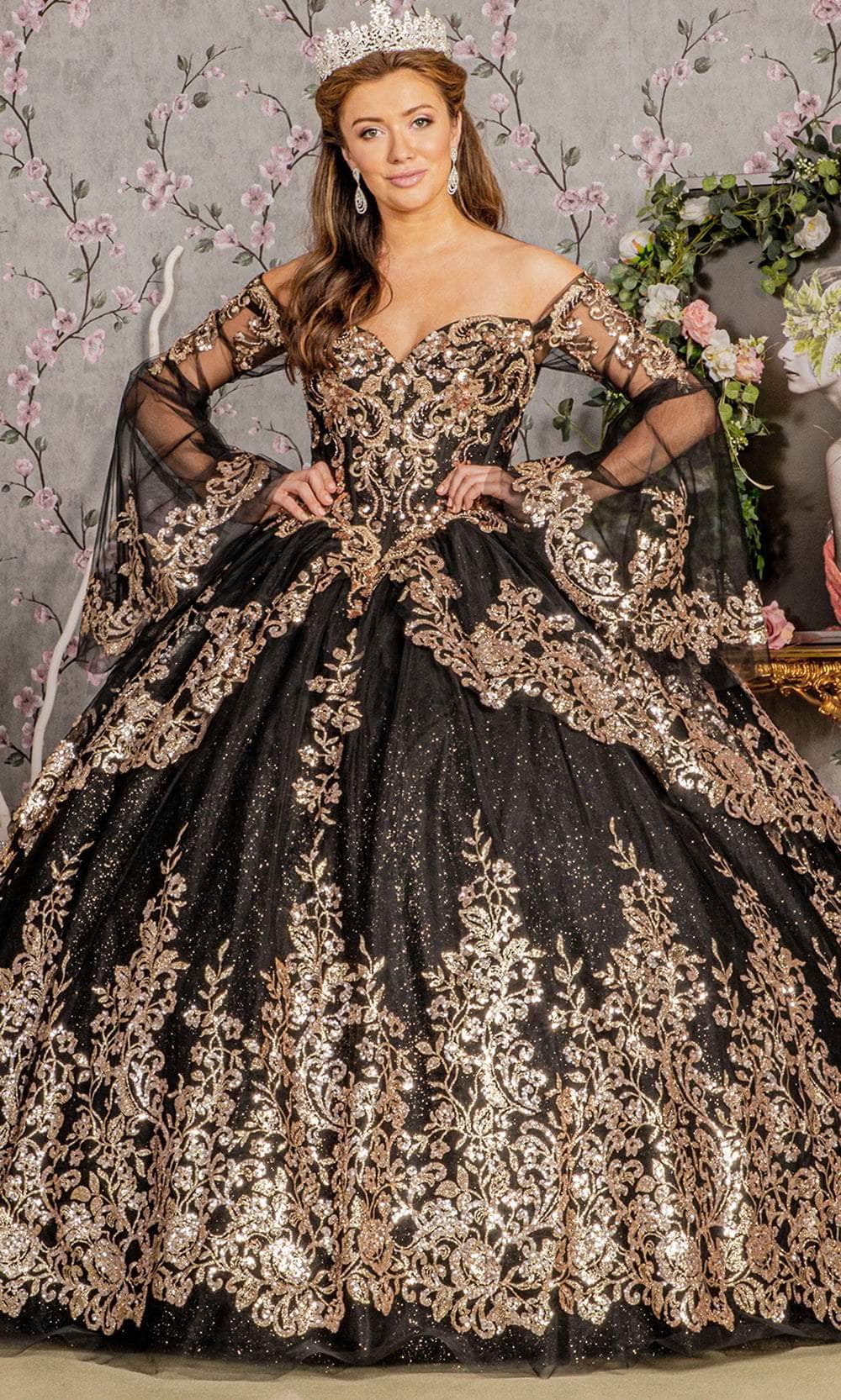 Elizabeth K GL3184 - Glitters Basque Ballgown Ball Gowns XS / Black/Gold