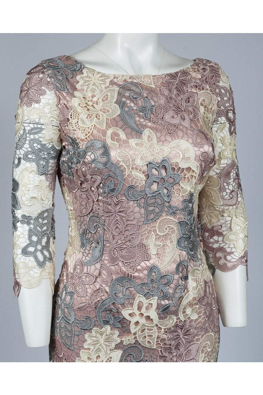 Eliza J Evening - EJ7M5417 Two Tone Lace Jewel Neck Sheath Dress In Pink and Grey