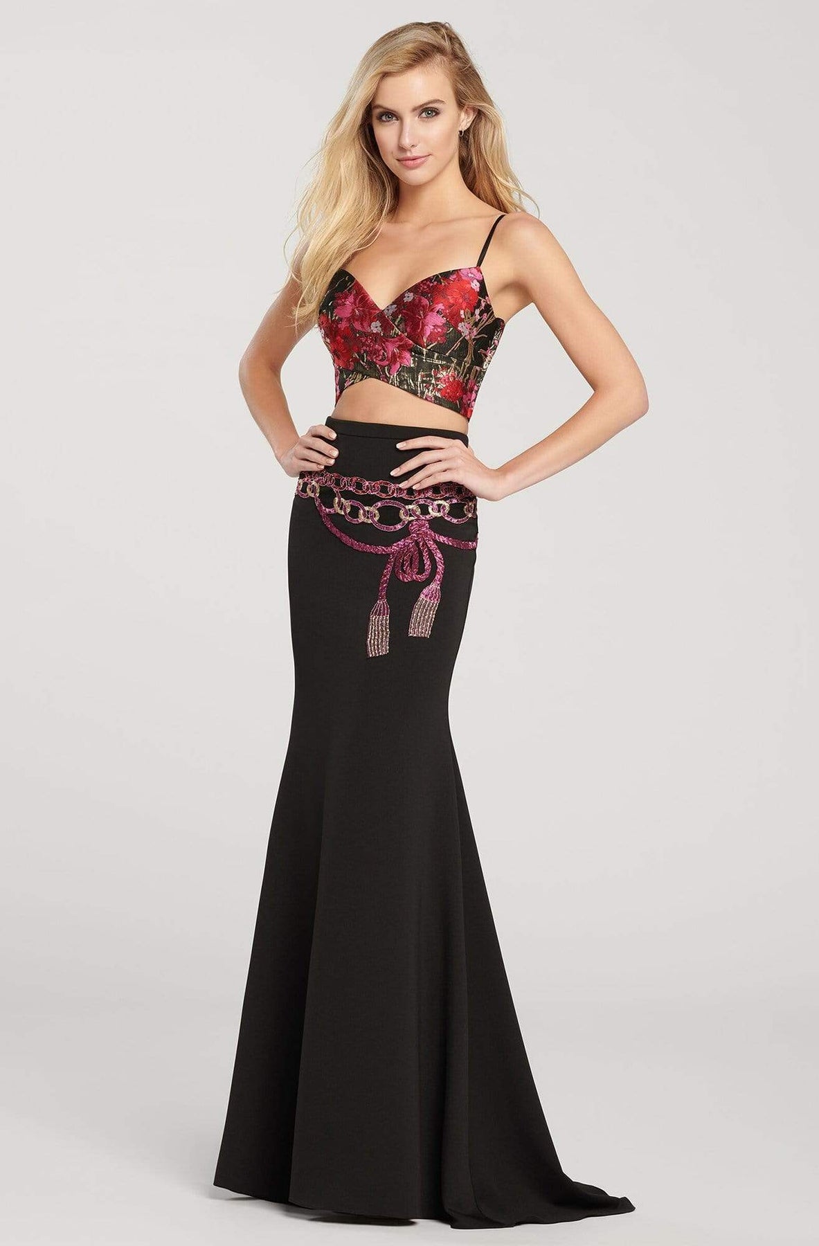 Ellie Wilde - EW119146 Two Piece Embroidered and Printed Trumpet Dress Special Occasion Dress 0 / Black/Multi
