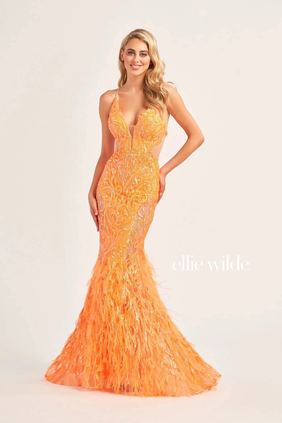 Ellie Wilde EW35006 - Open Back Feather Evening Dress