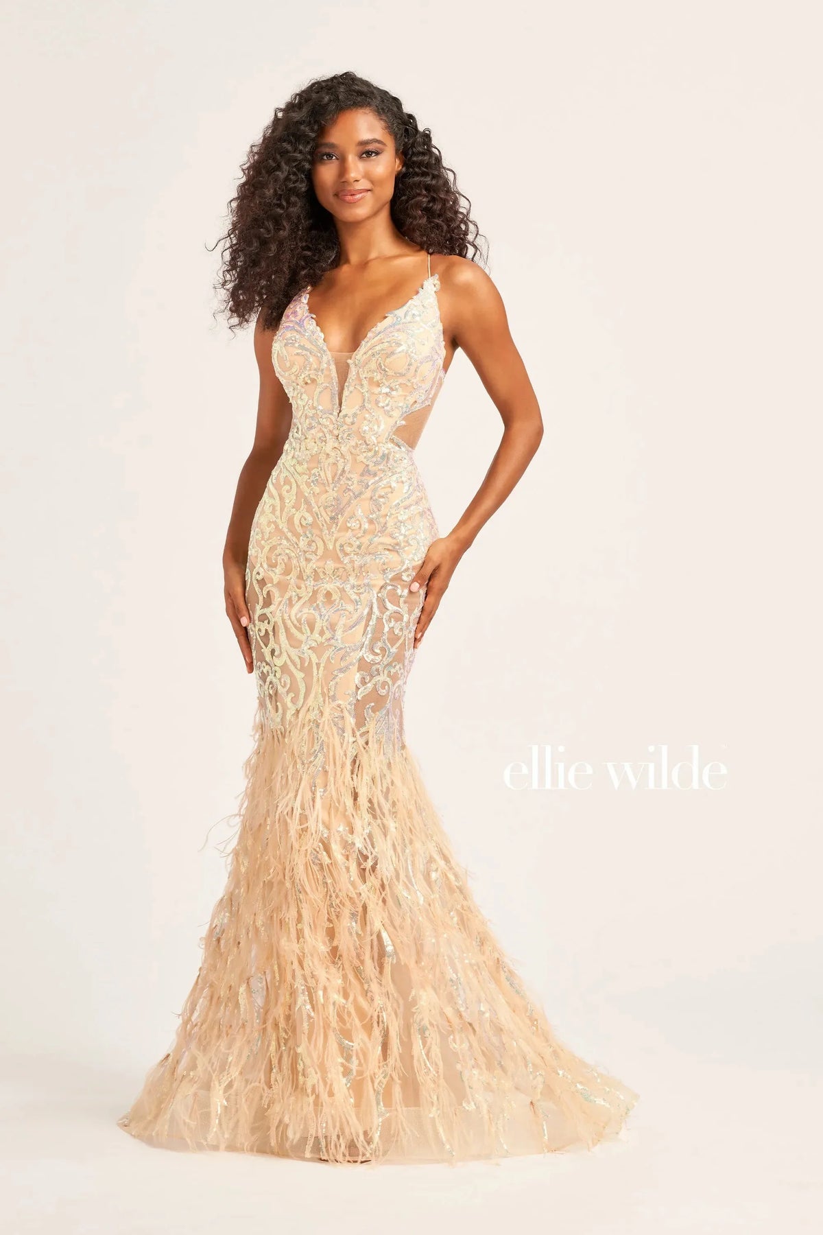 Ellie Wilde EW35006 - Open Back Feather Evening Dress