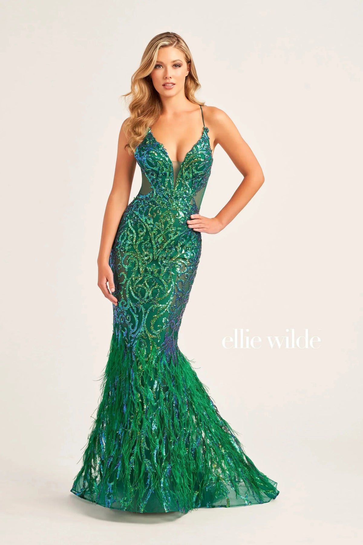 Ellie Wilde EW35006 - Open Back Feather Evening Dress