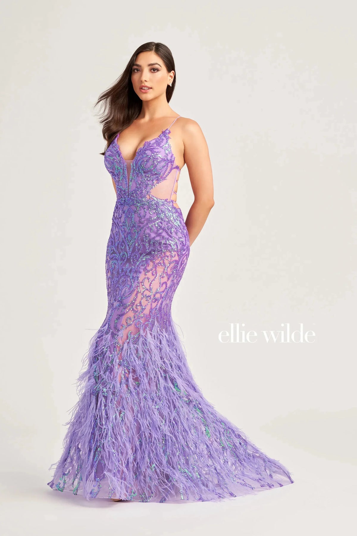 Ellie Wilde EW35006 - Open Back Feather Evening Dress