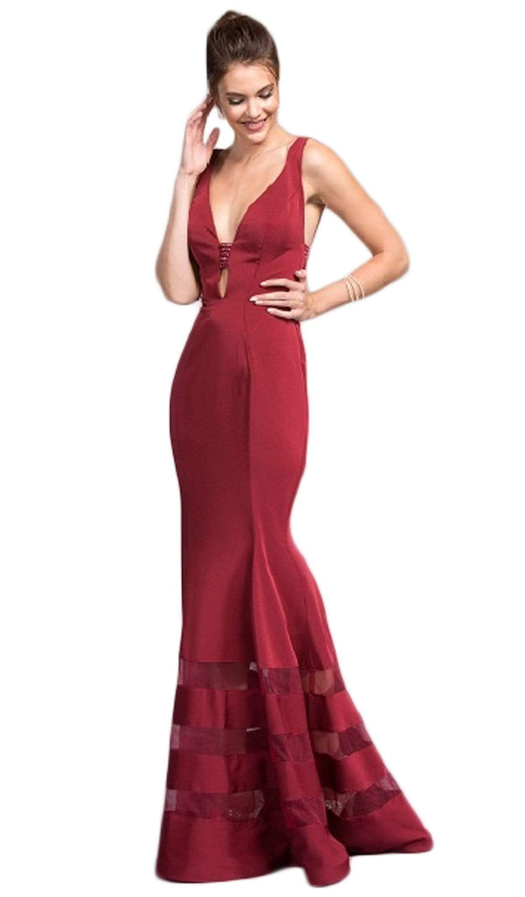 Embellished Deep V-neck Trumpet Dress Prom Dresses XXS / Burgundy