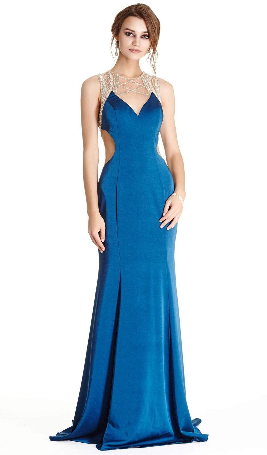 Embellished Illusion Jewel Neck Evening Dress Evening Dresses XXS / Teal