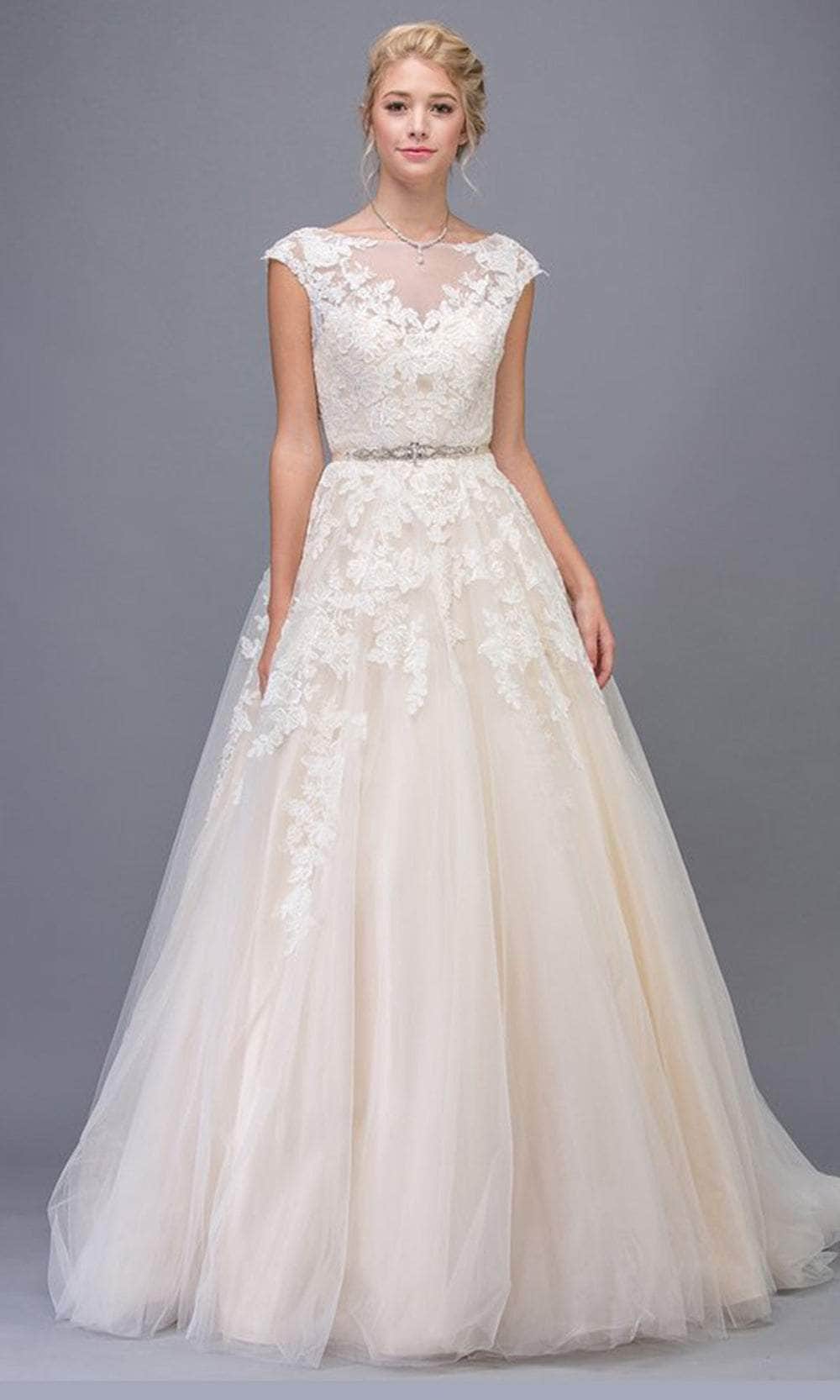 Eureka Fashion 6601 - Long A-Line Dress - Cap Sleeves, Embroidered, Illusion, Jewel Encrusted Belt, V-Shaped Back, Train L / Ivy/Champ Eureka Fashion 6601 - Long A-Line Dress - Cap Sleeves, Embroidered, Illusion, Jewel Encrusted Belt, V-Shaped Back, Train L / Ivy/Champ