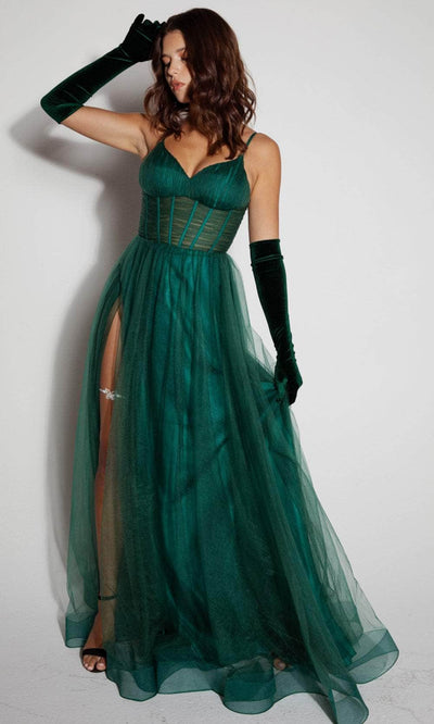 Eureka Fashion 9177 - Ruched Deep V-Neck Prom Gown Prom Dresses XS / Hunter Green